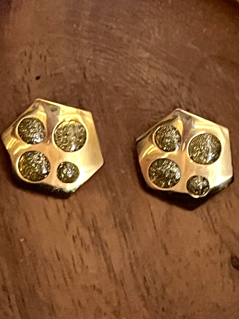 Hexagonal Goldtone Vintage Pierced Earrings Round Golden Sparkle Settings Posts